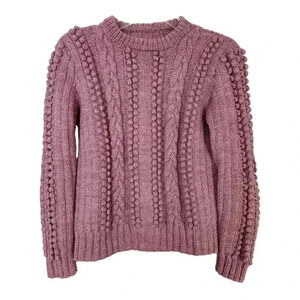 Handmade Wool Blend Sweater Women L Pink Pom Knit Cable Pullover Cottagecore